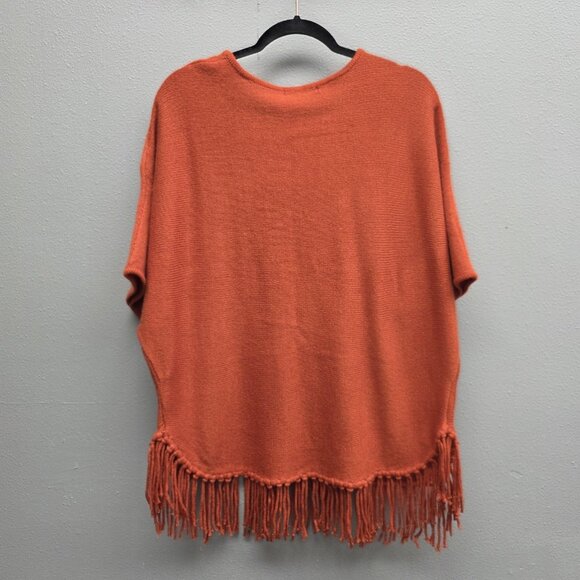 Relativity Sweater Poncho Womens Large Orange Fringe Hem Knit Pullover Top - Picture 4 of 9